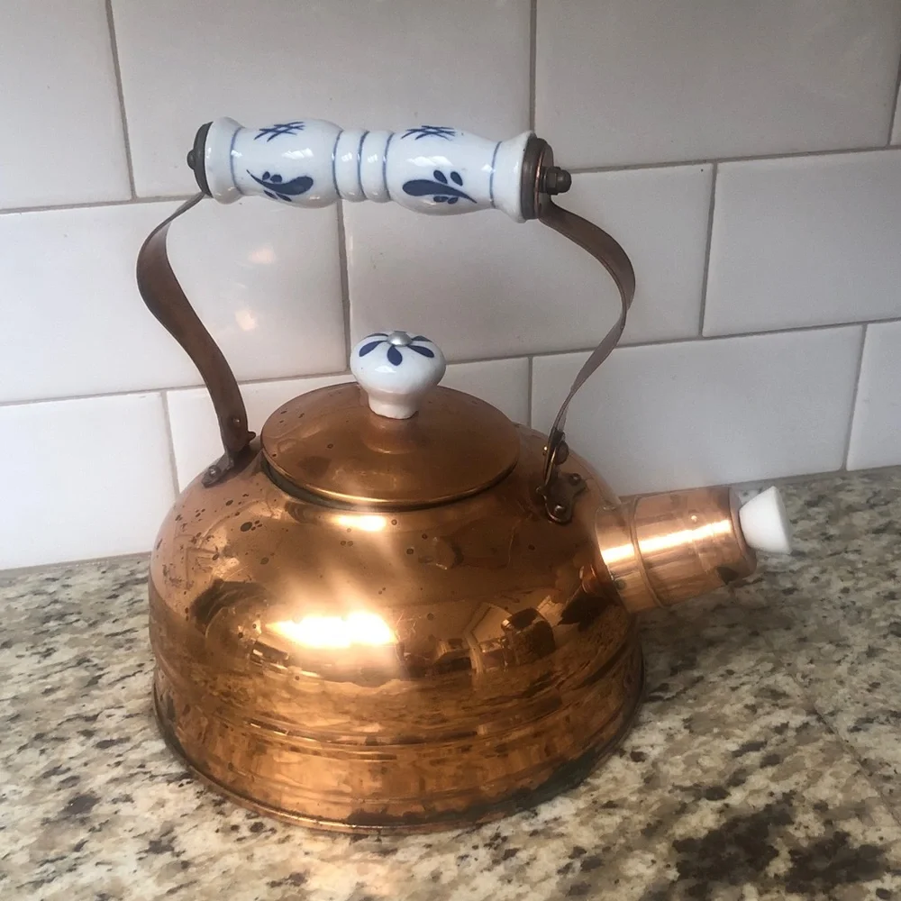 Vintage Copper Whistling Tea Kettle with Ceramic Handle and Knob - Copper